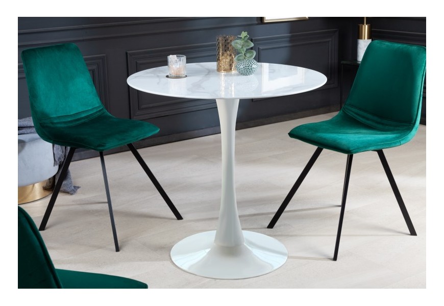 Art-deco elegantný okrúhly jedálenský stôl Velma v bielom prevedení s kovovou podstavou a s mramorovým efektom