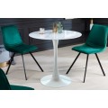 Art-deco elegantný okrúhly jedálenský stôl Velma v bielom prevedení s kovovou podstavou a s mramorovým efektom