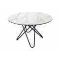 Moderný okrúhly jedálenský stôl Industria Marbleux so sklenenou vrchnou doskou v prevedení biely mramor s čiernou kovovou podstavou