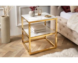 Moderný nočný stolík Gold Marbleux z bezpečnostného skla s bielym mramorovým vzhľadom s kovovou podstavou zlatá 50cm