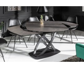 Moderný industriálny jedálenský stôl Lutz v prekríženými kovovými čiernymi nožičkami a antracitovou sivou vrchnou oválnou rozkladacou doskou