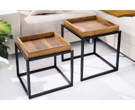 Dizajnový set dvoch moderných príručných stolíkov Elements z masívneho dreva sheesham a s čiernou kovovou podstavou