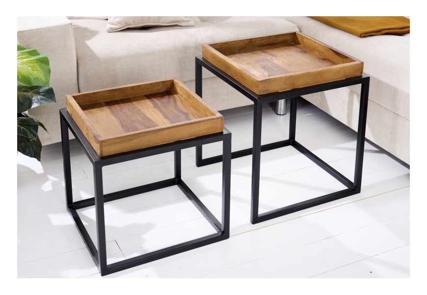 Dizajnový set dvoch moderných príručných stolíkov Elements z masívneho dreva sheesham a s čiernou kovovou podstavou