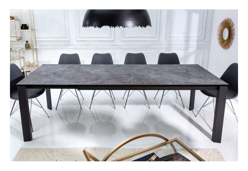 Dizajnový rozkladateľný jedálenský stôl Marbleux v čierno-sivom prevedení s mramorovou povrchovou doskou a kovovými nohami