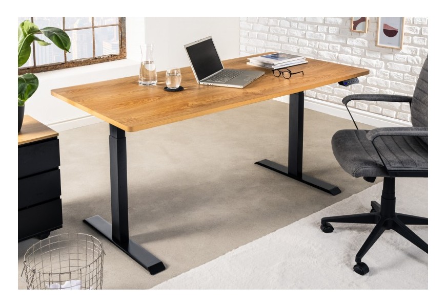 Moderný písací stôl Zuva s výškovo nastaviteľným elektrickým mechanizmom z dreva v prevedení dub svetlo hnedý