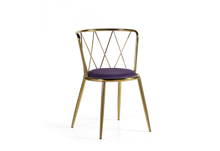 Elegantná art-deco jedálenská stolička Brilia s kovovou konštrukciou zlatej farby a fialovým čalúnením