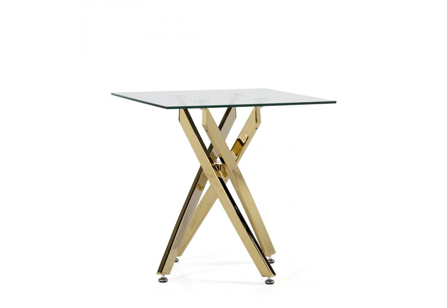 Luxusný štvorcový príručný stolík Brilia v zlatom prevedení s chrómovou podstavou a sklenenou povrchovou doskou