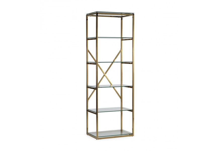 Elagantný zlatý regál Brilia v art-deco štýle s chrómovou zlatou konštrukciou a piatimi sklenenými poličkami