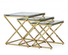 Art deco set troch sklenených príručných stolíkov Brilia s kovovou konštrukciou lesklej zlatej farby 