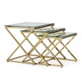 Dizajnový set troch príručných stolíkov Brilia zo skla so zlatou kovovou konštrukciou v art deco štýle