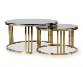 Art-deco set dvoch okrúhlych konferenčných stolíkov Brilia v zlatej farbe s tmavým temperovaným sklom 