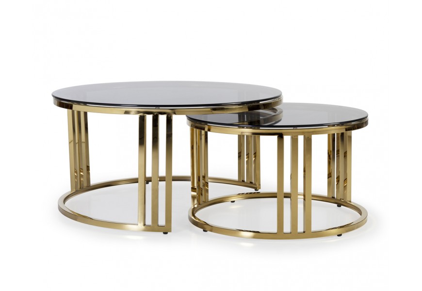 Elegantný set dvoch art-deco okrúhlych konferenčných stolíkov Brilia so zlatou kovovou konštrukciou a tmavým temperovaným sklom