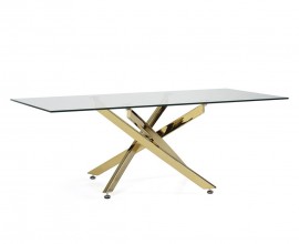Glamour konferenčný stolík Brilia so zlatou kovovou konštrukciou a obdĺžnikovou sklenenou doskou 120cm