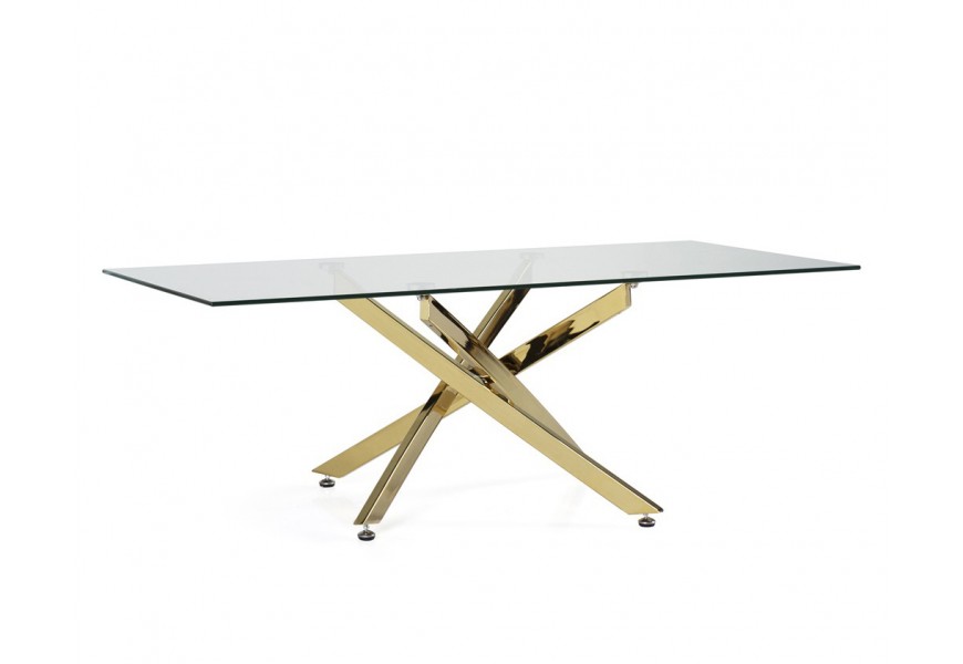 Moderný lesklý zlatý konferenčný stolík Brilia v art-deco štýle so sklenenou povrchovou doskou