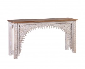 Luxusný orientálny konzolový stolík Keralia z mangového masívneho dreva v bielo-hnedom prevedení s vyrezávaným zdobením 150cm