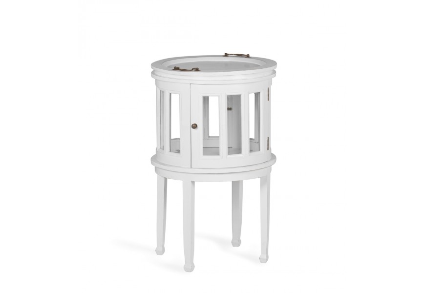 Luxusný rustikálny barový stolík Blanc z masívneho dreva bielej farby s úložným priestorom s dvierkami a odnímateľným podnosom