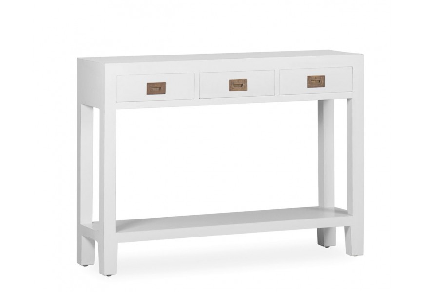 Klasický konzolový stolík Blanc z masívneho dreva mindi s bielou povrchovou úpravou a s tromi zásuvkami 110cm