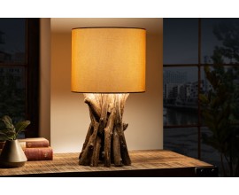 Vidiecka stolná lampa Missle z prírodného teakového dreva s okrúhlym béžovým tienidlom 50cm 