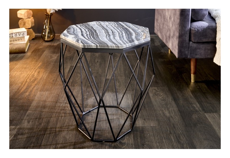 Mramorový príručný stolík Diamond Marble s hranatou vrchnou doskou v prevedení čierno-biely mramor