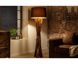 Vidiecka stojaca lampa Missle z teakového dreva v prírodnej hnedej farbe s čiernym textilným tienidlom 150cm
