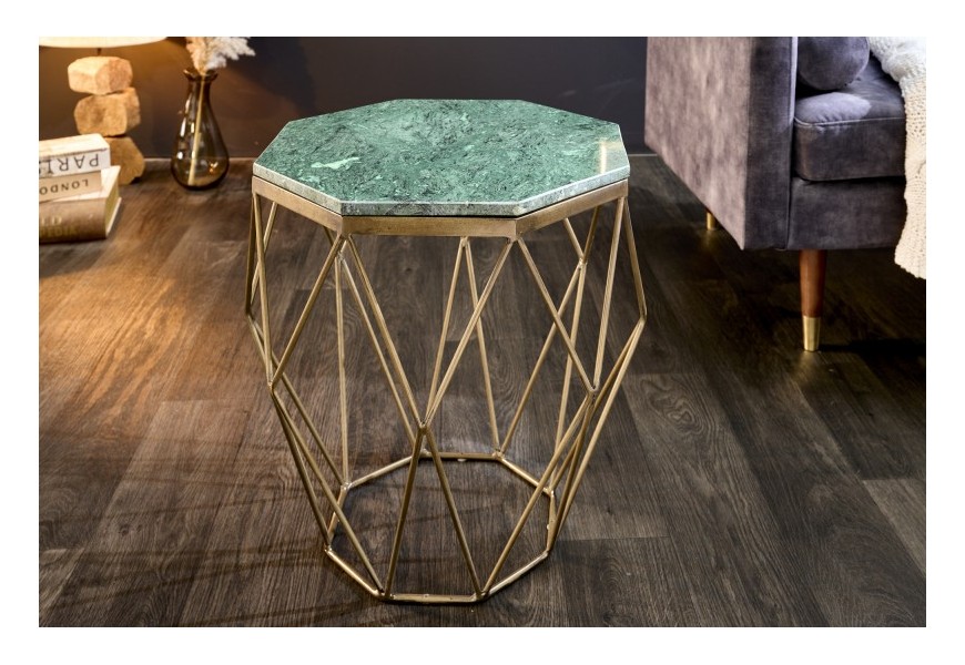 Mramorový príručný stolík Diamond Marble s mosadznou podstavou tyrkysovo zelený