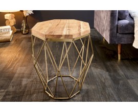 Dizajnový príručný stolík Solid Diamond z masívu v modernom štýle s kovovou podstavou v zlatej farbe hnedý 50cm