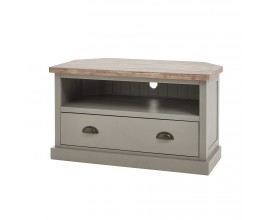 Masívny televízny stolík Greytone v provensálskom štýle v sivom povrchovom prevedení s vrchnou doskou s prirodzenou kresbou dreva, zásuvkou a mosadznými úchytmi