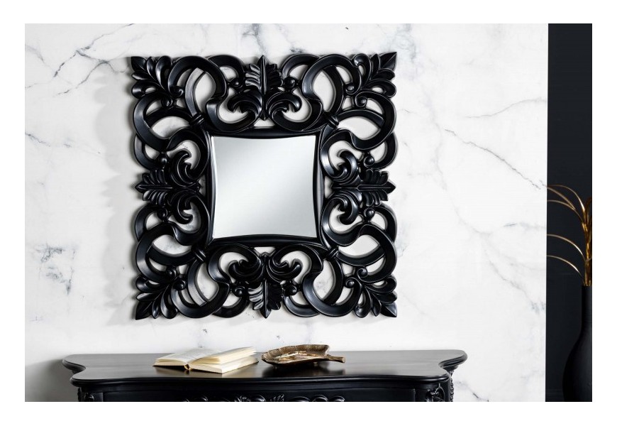 Luxusné čierne zrkadlo Muriel s vyrezávaným ozdobným rámom štvorcového tvaru