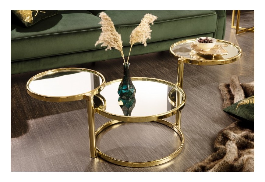 Dizajnový art deco príručný stolík Meredith so zlatou konštrukciou a so zrkadlovým efektom