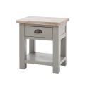 Elegantný masívny nočný stolík Greytone sivej farby s hnedou povrchovou doskou a s praktickou zásuvkou