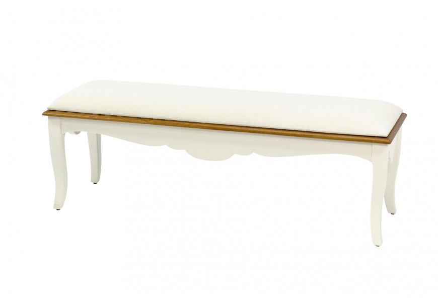 Luxusná lavica Antibes v provensálskom štýle z masívneho dreva s hnedým rámom s tvarovanými nožičkami krémová biela