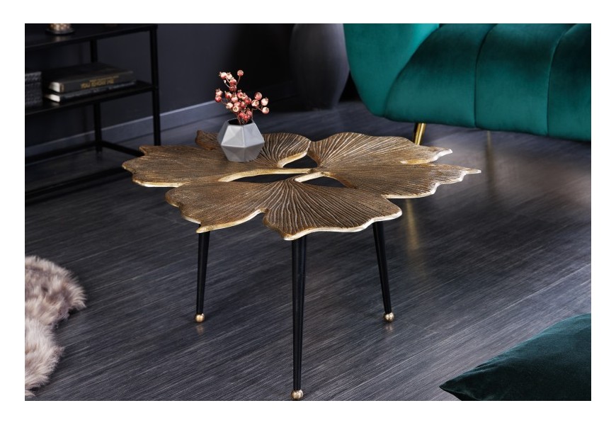 Dizajnový konferenčný stolík Ginko v štýle art deco s doskou v tvare listu ginko s kovovými nožičkami zlatý