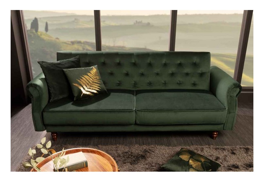 Rozkladacia čalúnená retro sedačka Maison Belle Affair v zamatovom tmavozelenom prevedení na drevených nožičkách 220cm