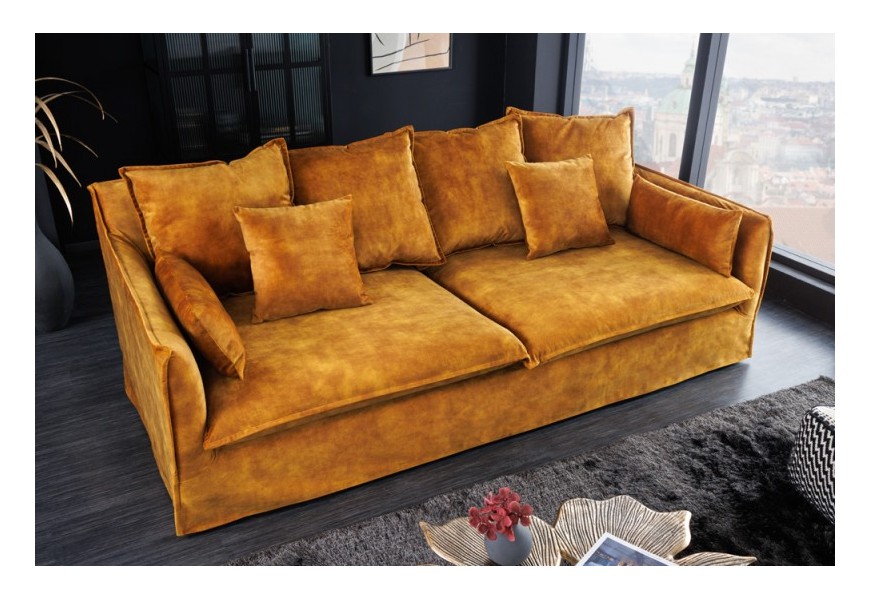 Moderná dvojsedačka Heaven do obývačky so zamatovým okrovým čalúnením 205cm