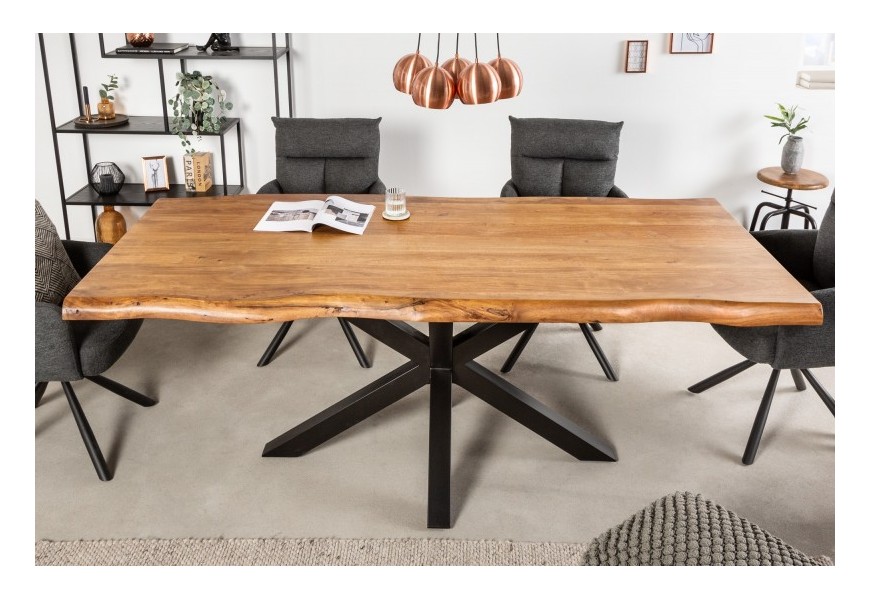 Dizajnový industriálny jedálenský stôl Mammut z agátového masívneho dreva hnedej farby s čiernymi kovovými nohami