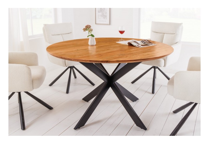 Elegantný masívny jedálenský stôl Comedor kruhového tvaru z agátového dreva hnedej farby s čiernymi kovovými nohami