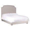 Retro čalúnená posteľ Acara s vysokým čalom s pruhovaným poťahom béžovej farby a s drevenými nožičkami