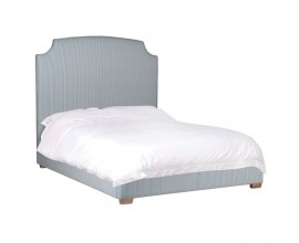 Retro dizajnová manželská posteľ Acara s modrým prúžkovaným poťahom a vysokým čelom 163cm