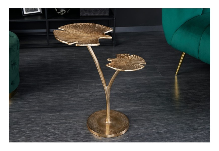 Dizajnový príručný stolík Ginko v art deco štýle s dvoma doskami v tvare listu v zlatej farbe 56cm