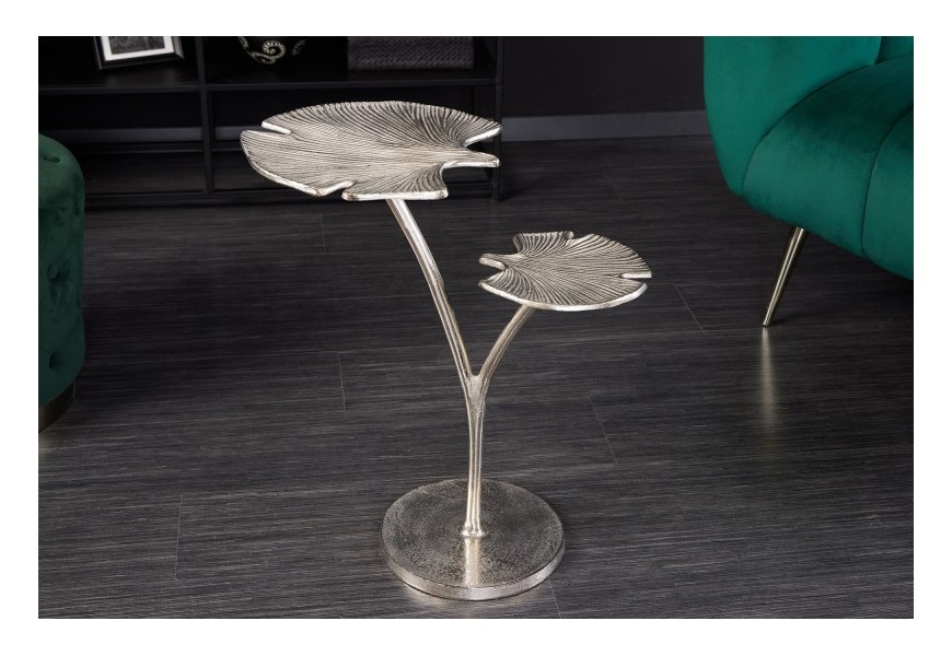 Art-deco strieborný príručný stolík Ginko s dvoma doskami v tvare listu kovový 56cm