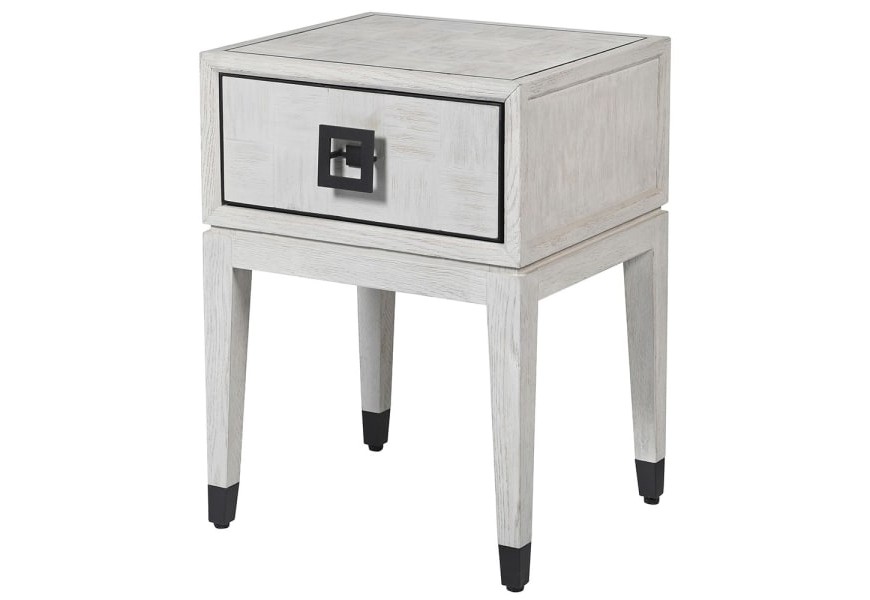 Elegantný nočný stolík Quadria Blanca v off white prevedení so zásuvkou a čiernou kovovou rukoväťou