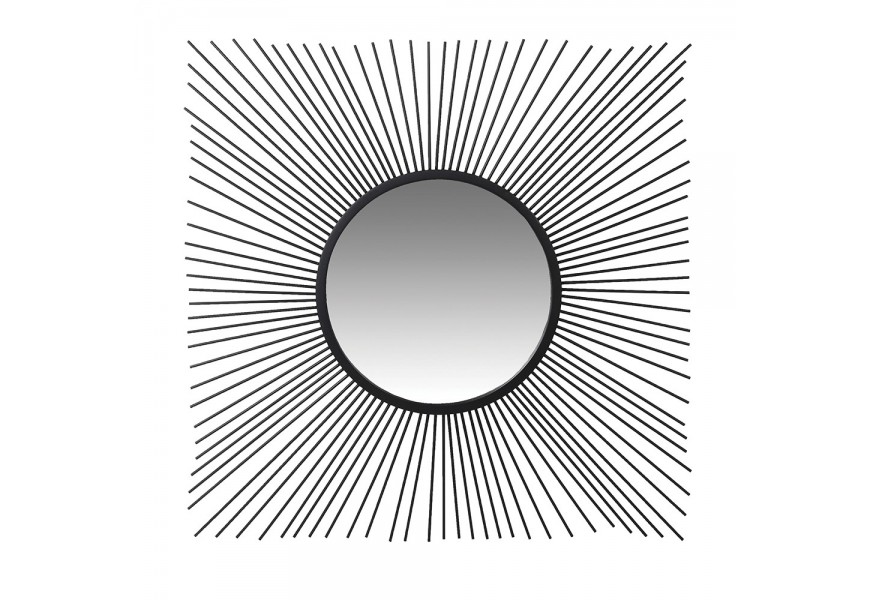 Moderné okrúhle závesné zrkadlo Rovenna v čiernom prevedení z kovu s rámom v tvare lúčov