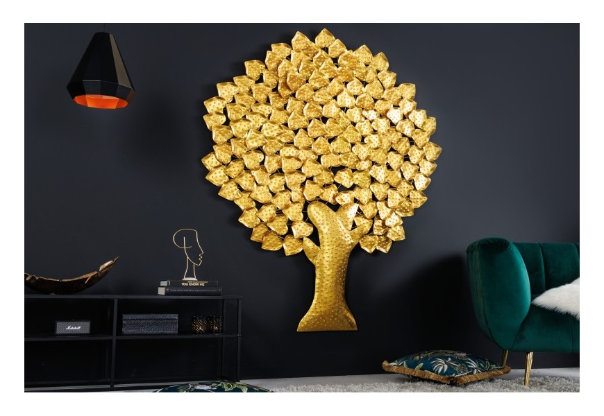Zlatá nástenná dekorácia v podobe stromu ginko Tree of life z kovových plieškov