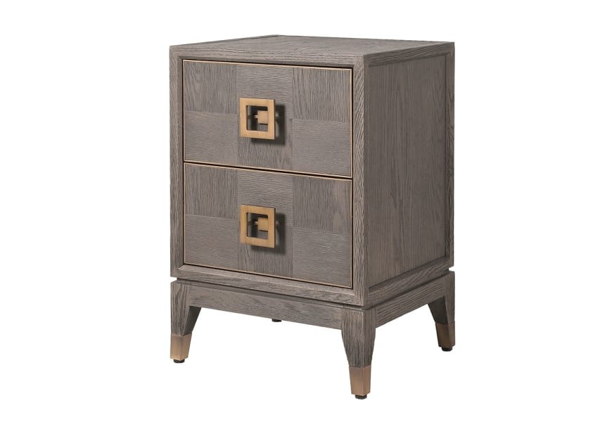 Sivý art deco nočný stolík Quadria Gris z dubového masívu s dvomi zásuvkami so zlatými prvkami