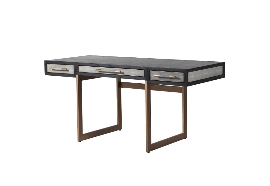 Art deco toaletný stolík Otawa z čierneho masívu s tromi zásuvkami s poťahom so šagrénovej ekokože a zlatým zdobením