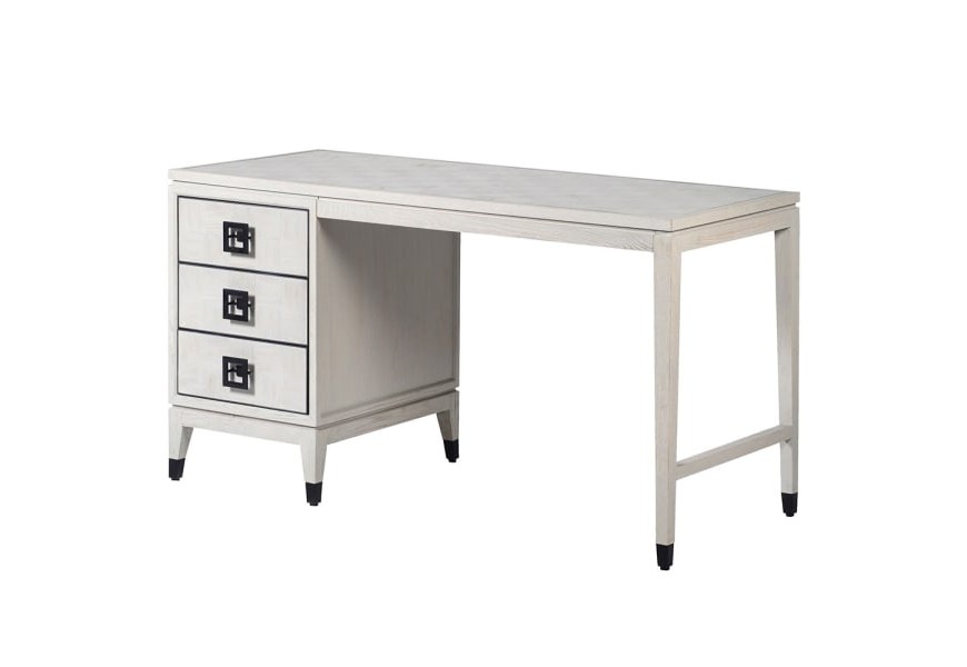 Moderný masívny kancelársky stolík Quadria Blanca v bielom prevedení s tromi zásuvkami s čiernymi úchytmi a kovaním