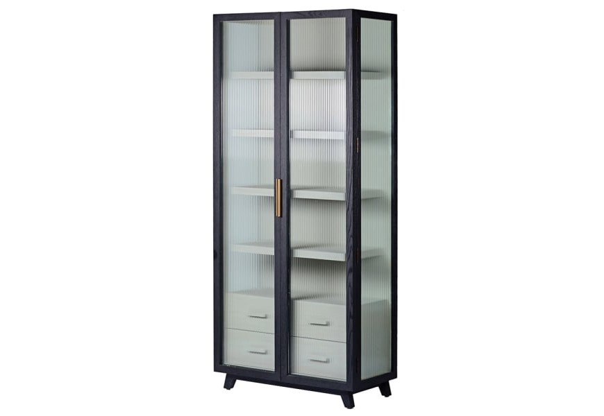 Moderná dizajnová vitrína Kaleon z masívneho dreva čiernej farby s dvierkami z ryhovaného skla 211cm