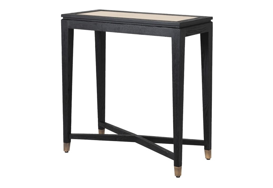 Masívna konzola Emperor obdĺžnikového tvaru čiernej farby so svetlohnedým ratanovým výpletom