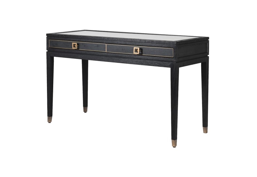 Masívny art deco toaletný stolík Emperor v čiernom prevedení s ratanovým výpletom a zlatými ozdobnými prvkami