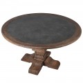 Masívny okrúhly jedálenský stôl Ondine vo vidieckom štýle so sivou vrchnou doskou a vyrezávanou nohou hnedý 140cm